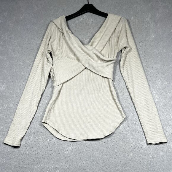 Free People Marley Shirt L Off White Off The Shoulder Ribbed V-Neck Pullover - Picture 8 of 12